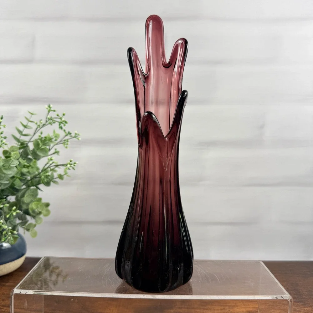 Amethyst Purple Swung Art Glass Vase Vintage Ribbed 10